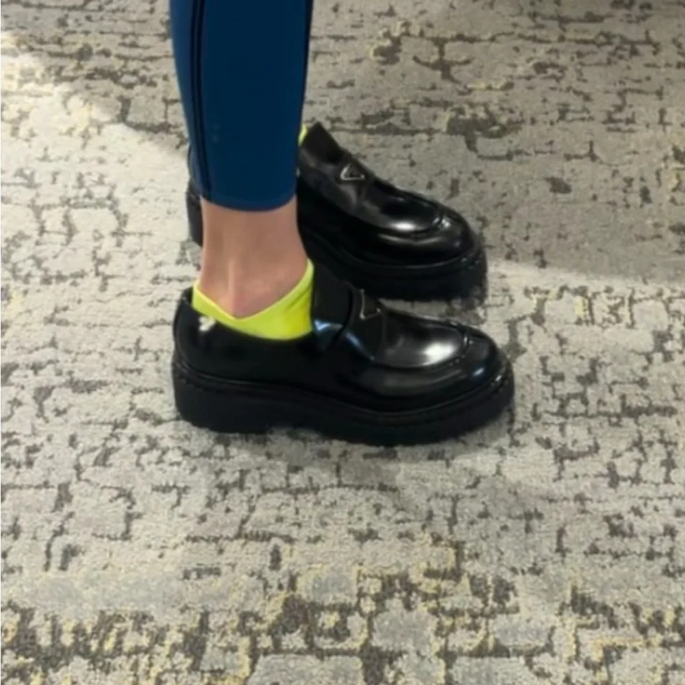 Prada Black Brushed Leather Lug-Sole Penny Loafers with Gold Plaque - Picture 2 of 3